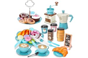 Sanlebi Tea Set for Kids 3 4 5, Children Afternoon Tea Pretend Play with Cake Stand, Coffee Pot, Various Plastic Food, Girls Tea Party Toys for Toddlers Age 3-8