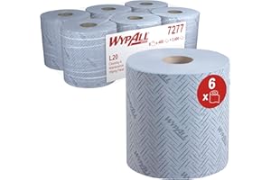 Paños de papel de color azul para mantenimiento y limpieza WypAll L20 7277 - Rollos con dispensación central de 2 capas - 6 rollos azules x 400 paños de papel (2400 en total)