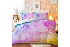 BlessLiving Colorful Marble Bedding Pastel Pink Blue Purple Duvet Cover Set Marble Abstract Art Bed Set 3 Piece Bright Girly Bedspreads(Double)