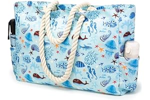 KUAK Extra Large Beach Bag, Family Size XXL Waterproof Sandproof Foldable Shoulder Tote Bags with Side Pockets, Top Zipper Closure, Rope Handles for Travel, Gym, Pool, Holiday