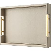 SwallowLiving 2er Set Serviertabletts – Elfenbein-Kunstleder Mit Gold-Griffen, 40x30 Cm