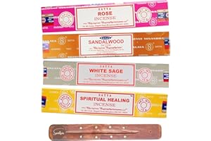 Satya Nag Champa Incense Sticks - 4 unique and premium flavours - Rose, Sandalwood, White Sage, Spiritual Healing and comes with SAMASIA incense holder