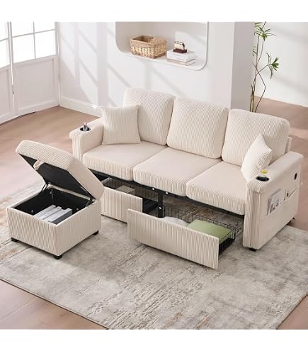 Canapé 3 Places + Fauteuil + Repose-pieds En Velours Côtelé Beige - Dossier Moelleux, Accoudoirs Rembourrés
