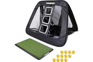 CHAMPKEY Double Sided Golf Chipping Net with Golf Hitting Mat | Come with 12 Foam Golf Balls | 5 Ply-Knotless Netting Chipping Net and Heavy Duty Rubber Backing Hitting Mat Ideal for Training