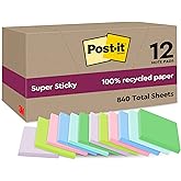 Post-it Super Sticky Recycled Notes, 12 Pads, 70 Sheets per Pad | Self Adhesive Sticky Notes with Increased Adhesion, Sticky
