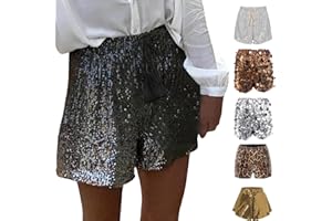 MJIQING Damen Shorts Pailletten Kurz Hose Glitzer Hohe Taille Shorts mit Kordelzug Frauen Metallic Hotpants Pailletten Shorts Festivals Outfits Glänzend Kurze Hose Sexy Hotpants für Partys