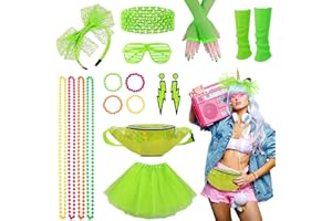 BEAMELY Déguisement Année 80 pour Femme, Festival Accessoire Fluo Tutu, Sac Banane, Bandeau Noeud, Gants, Jambières, Lunettes, Colliers, Bracelets, Boucles d'Oreilles Disco Costume Vêtements