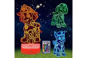 MIINSEY Pat Patrouille Veilleuse 3D pour Enfants, 3 Pièces lampe à illusion 3D avec 16 couleurs changeantes et télécommande, Cadeau d'anniversaire pour Garçon de 3 4 5 6 7 ans, Chambre Décor