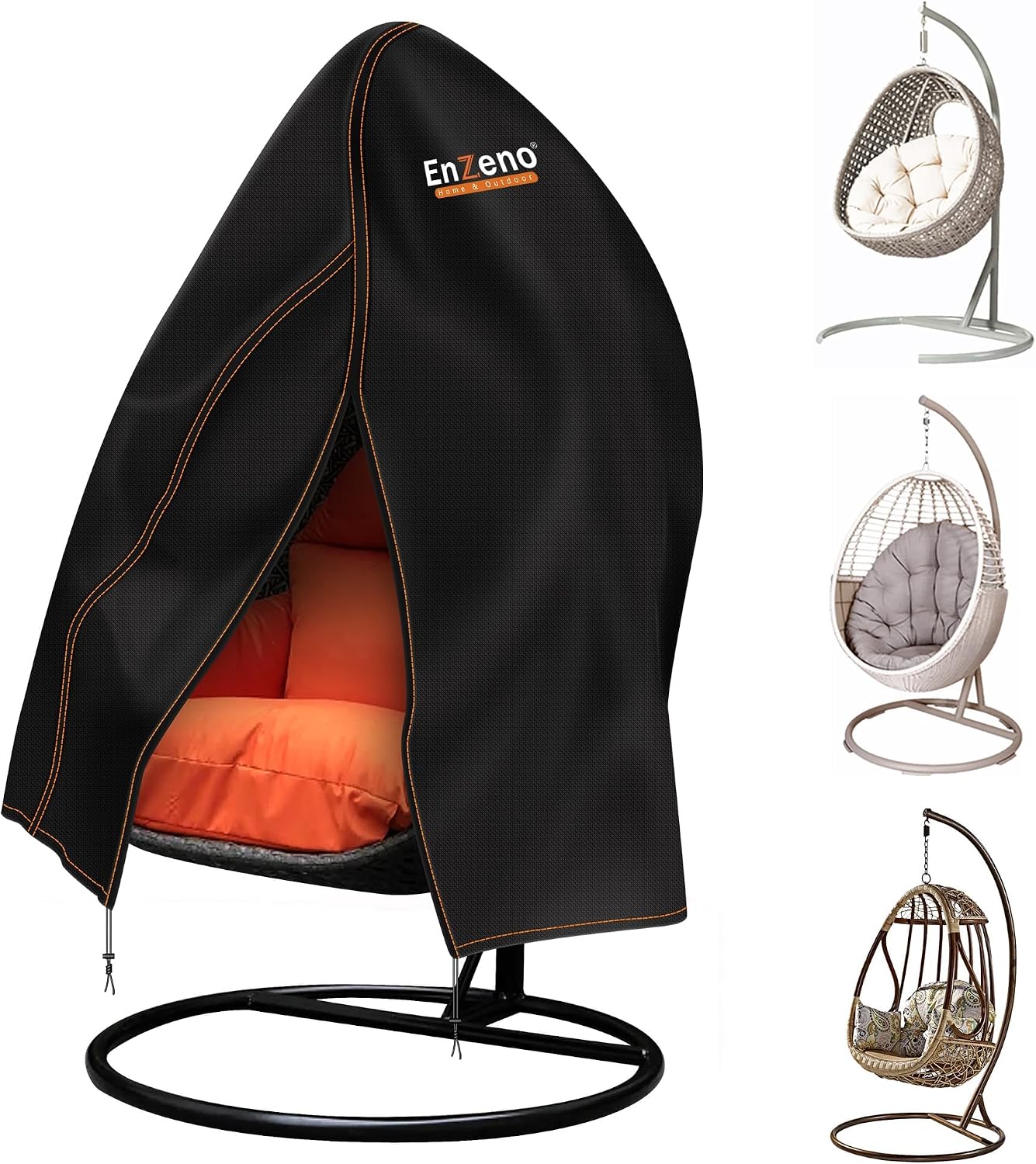 Enzeno Patio Hanging Egg Chair Cover, Outdoor Single seat Cocoon Swing Egg Chair Covers Waterproof with Zipper, 300D Heavy Duty Veranda Garden large Cover for egg chair on stand 190 * 115cm, Black