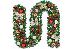 FAMKEEP Guirnalda de Navidad Verde,2,7M Guirnalda Decorada,con 50Luces LED y Colgante de Piruleta,Guirnalda Verde Navidad Artificial, Abeto Artificial Guirnalda de Ratán,para Decoración del Hogar