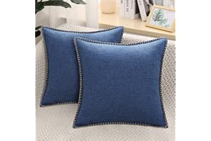 decorUhome Set of 2 Linen Cushion Covers 50X50cm,Decorative Outdoor Plain Vintage Cushion Covers with Stitched Edges, Square Farmhouse Neutral Pillow case 20x20 Inch for Sofa, Navy