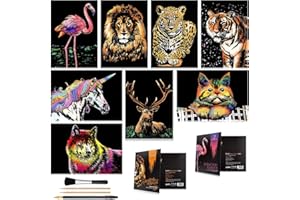 ARTSPER Scratch Art for Kids & Adults, Rainbow Engraving Painting Landscape Scratchboard(A4) Crafts Set: 8 Sheets Scratch Cards with 4 tools - Unicorn/Flamingo/Cat/Deer/Lion/Tiger/Leopard/Wolf(Animal Series)