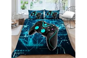 ‎TOSPASS Tospass Bettwäsche Set 135x200 cm 4Teilig Gamepad 3D Mädchen Jungen Jungs Kinder Weich Blau Kinderbettwäsche Microfaser Bettbezug mit Reißverschluss 2 Kissenbezug 80x80cm