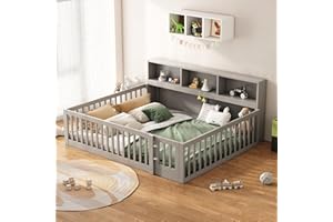 MYBOO Kinderbett Bodenbett Doppelbett 140x200cm mit Sicherheitsgitter, Lattenrost und Staufach, Montessori Bett Bed Gitterbett Tagesbett Schlafsofa Holzbett Bettgestell Daybett Jugendbett, Kiefernholz, Grau