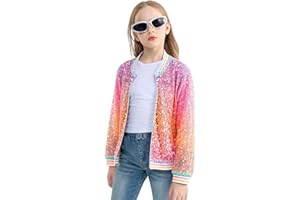 LOLANTA Girls Sequin Bomber Jacket with Pockets Zipper Long Sleeve Sparkle Baseball Jackets
