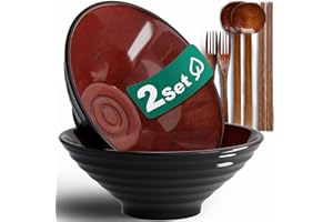 8 Zoll 2 Set Keramik Ramen Schüssel(8 Teilig) - Japanisches Porzellan Spülmaschinenfest Geschirr mit Gabel Essstäbchen Löffel für Nudeln Suppen Getreide Salate Mann Frau Geschenke für neuen Häusern