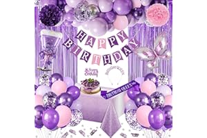 WEQTWL Purple Pink Birthday Decorations with Happy Birthday Banner, Latex Confetti Balloons, 3D Butterfly, Fringe Curtain, Tablecloth, Sash Tiara Crown, Pom Poms for Women Girls Princess Party Supplies