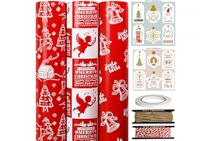 FullJoyHut 3 Rotoli di Carta Regalo Natalizio Rossa - 43cm x 3M per Rotolo, Carta da Regalo Natalizia Angeli con Etichette Corda e Nastro per Confezione Regalo di Natale