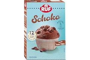 ‎RUF RUF Schoko-Muffins Backmischung, schokoladige American Style Muffins mit Schockoflocken, einfache Zubereitung, 12 Muffin-Förmchen inklusive