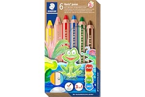 STAEDTLER Noris Junior, Lápiz de color extra grueso 3 en 1: lápiz de color, cera y lápiz acuarelable. Estuche con 6 lápices de colores surtidos + afilalápices (140 C6 ST)