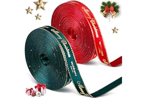 SYHOOD 2 Roll 20 Yard Christmas Ribbon for Gift Wrapping, Red Green Xmas Satin Ribbon 10 mm x 10 Yard Each, Gold Trim Merry Christmas Decor for Crafting, Xmas Tree, Presents Flowers DIY Gift Basket