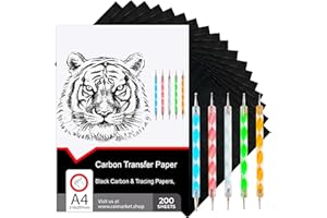 Raimarket 200 Sheets Black Carbon Paper for Tracing On Fabric, Carbon Paper for Tracing on Wood & Canvas, 5 Stylus, Racing Paper for Drawing Sewing Patterns, A4 Graphite Transfer Paper.