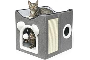Nesrefyn Cat Beds for Indoor Cats - Foldable Cat Cave House with Scratch Pad and Fluffy Ball, Kitten Bed and Pet Bed Furniture, Grey