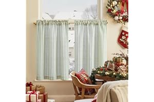 TOPICK Green Striped Linen Look Kitchen Curtains 30 Inch Drop, Rod Pocket Small Window Drapes for Living Room, Bathroom, Cupboard, Bedroom, Light Filtering Pinstripe Cafe Curtain 2 Panels, W26 x L30