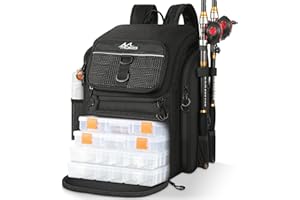 MoKo Zaino da pesca, grande zaino da 40L con portacanne e raccoglitore di esche per la conservazione di attrezzi e attrezzature da pesca per il campeggio e l'escursionismo, regali per uomo padre, Nero