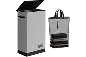 SOLEDI Silm Laundry Basket with Lid Collapsible Washing Basket for Laundry with Removable Laundry Bag, 70L Foldable Laundry Bin Laundry Hamper Bag for Bedroom, Dorm, Laundry Room, Grey