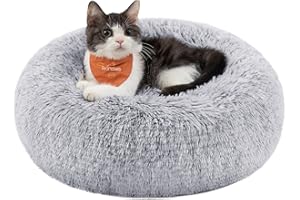 Feandrea Panier pour Chien, Lit Ronde en Forme de Beignet, Canapé, Coussin Central Amovible et Lavable, Tissu Peluche Doux, Ø40 cm, Gris Ombré PGW036G01