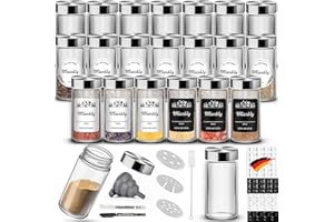 Miorkly Zestaw 24 słoików na przyprawy, z wkładem do posypywania, wysokiej jakości pokrywkami, ze stali nierdzewnej, pojemniki na przyprawy, 24 okrągłe pojemniki na przyprawy, 1 kreda biała, 1 lejek, 34 sitka wyjściowe