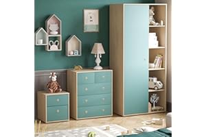 Junior Vida Neptune 3 Piece Bedroom Furniture Set 2 Drawer Bedside Table Cabinet, 5 Drawer Chest, 1 Door Wardrobe (Blue & Oak)