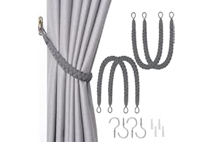 Pretty Jolly 4 Pack Natural Cotton Rope Curtain Tiebacks Elegant Boho Style Decorative Drape Tie Backs Soft Hand-Woven Rope Curtain Holdbacks with Metal Hook for Home & Office Drapery (Dark Grey)