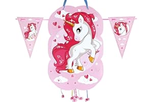 CHEERSET Pignata compleanno per bambini perfetta da riempire con giocattoli e giocattoli decorazione ghirlanda bandiere 2 m (unicorno fucsia)