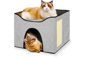 Afoddon Cat Cave, Cat House Indoor with 2 Levels, Cube Cat Bed with Cat Scratching Board, Cat Bed Cave with Reversible Mats Suitable for All Seasons - Gray