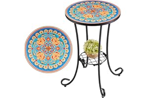 VONLUCE 35,5cm Mesa Auxiliar de Mosasico con Estante para Interior y Exterior Soporte de Plantas de Azulejos de Cerámica de 36CM Mesita Auxiliar para Jardín, Sala de Estar y Patio (Azul y Amarillo)