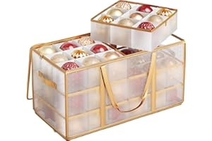 SONGMICS Large Christmas Decoration Storage Box, 10.2 cm 54 Slots, Plastic Christmas Bauble Storage Box with Lid, Dual Zippers, 6 Trays, Side Handles, Sandy Gold RFB030A01