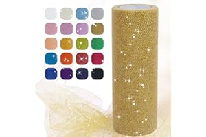 Uiopa Tulle Doré, 15cm x 22,8m Rouleau de Tulle Pailleté en Polyester Maille Tissu pour Tutu Jupe, Deco Mariage/Fête, Deco Chaise Mariage, Noeud Cadeau, Artisanat DIY