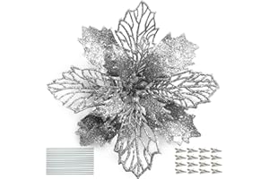 DWTECH 16 Pack Christmas Poinsettia Flowers with 16 Peduncles & 16 Clips,16cm/6.3 inch Artificial Flowers Glitter Poinsettia Christmas Wreath and Tree Ornaments for Christmas Decorations(Silver)
