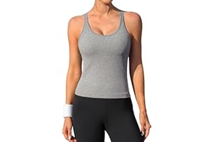 ATTRACO Women Ribbed Workout Crop Tops with Built in Bra Yoga Racerback Tank Top Tight Fit
