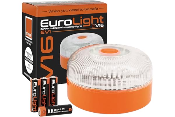 EUROLIGHT Luz de Emergencia V16 con Geolocalización Homologada y Conectada con la DGT 3.0 SIM Incorporada con Plan de Datos Incluido Clasificación IP-54 Base Imantada con Bolsa de Almacenaje Incluida