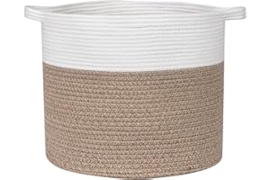 ArcaGuru Laundry Basket, Cotton Rope Storage Laundry Bin, Rope Round Storage Basket with Handle, Blanket Basket Living Room, Storage Baskets for Towel, Throw, Pillow, 40 x 35 CM, White & Brown