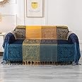 DECMAY Chenille Jacquard Boho Throw Blanket with Tassels, Throw for 2 3 4 Seater Sofa, Tartan Blankets and Throws for Bedspreads Armchairs Furniture Bed Throw (Blue Yellow, 220 x 260 cm)
