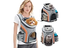 PETCUTE Zaino per Cani Traspirante,Borsa Trasportino Gatti con Cinturino di Sicurezza,Zaini Trasporto Cane Portatile con Tasche Laterali,Regolabile Zaino Gatto per Viaggio Campeggio
