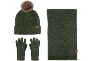 Anopo Sciarpa Berretto Guanto Set Donna Guanti Touchscreen Lunghi Caldo Sciarpa Cappello a Maglia con Pom Pom Inverno Caldo Spessa Set