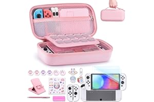 Switch Tasche für NS Switch OLED - innoAura 18 in 1 Switch Zubehör mit Switch Hülle, Switch Spiele Aufbewahrung, Switch Schutzfolie für Switch OLED, Switch Ständer, Switch Joystick Kappen (Rosa)