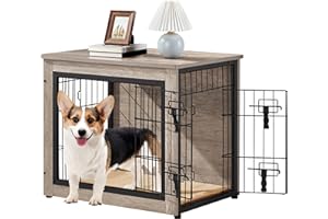 Yaheetech Dog Cage Furniture with Dog Blanket and 2 Doors, Dog Box for Home, Modern Indoor Dog Kennel, Wooden Dog Box for Living Room, 69 x 51 x 61 cm, Grey