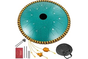 Happybuy Tongue Drum 14 Notes Dish Shape Drum 14 Inches Manual Percussion Pure Copper Steel Tongues 14 Notes Steel Tongue Handpan Drum with Rope Decoration and Mallets,Bag, Music Book, Mineral Green