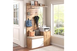 Gxffipw Garderobe Set mit Spiegel und Schuhschrank, Garderobenset mit Wandgarderobe und Sitzbank, Flurgarderoben Set mit Ablagefach, Flur möbel, Garderobenschrank, Weiß+Holzfarbe, 105×40×191.5 cm